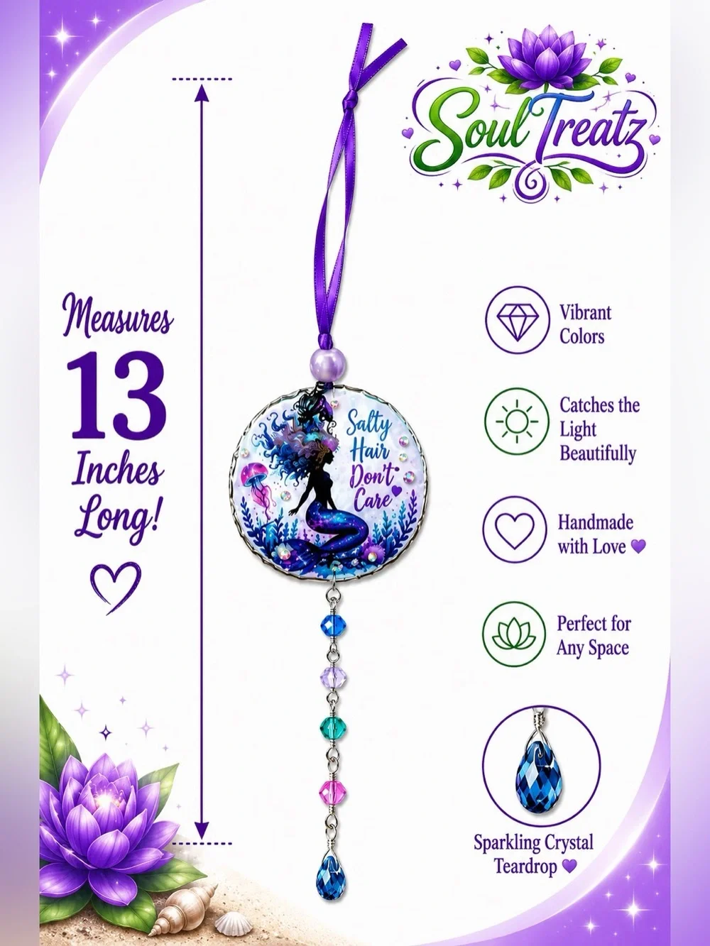 Decoupage Mermaid 'Salty Hair Don't Care' Purple Crystal Sand Dollar Suncatcher